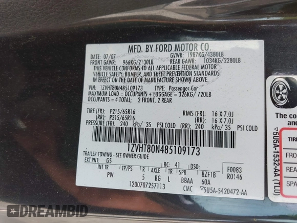 2008 Ford Mustang Deluxe with VIN 1ZVHT80N485109173, listed as a IAAI auction lot 42502182 with 160,917 mi miles and . Bid and sale history available at DreamBid. Image 9.