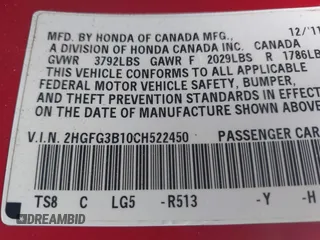 2012 Honda Civic Cpe EX-L with VIN 2HGFG3B10CH522450, listed as a IAAI auction lot 41432718 with 193,115 mi miles. Bid and sale history available at carsss.com. Image 9.