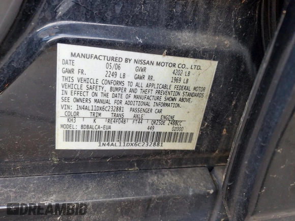 2006 Nissan Altima S with VIN 1N4AL11DX6C232881, listed as a Copart auction lot 53562635 with 182,361 mi miles and Salvage title. Bid and sale history available at DreamBid. Image 12.