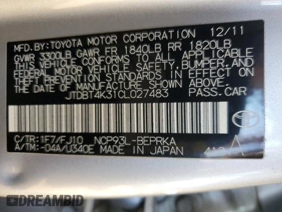 2012 Toyota Yaris z VIN JTDBT4K31CL027483, wystawiony jako Copart lot #59919165 z przebiegiem 81 298 mil mil oraz Szkoda całkowita • Salvage title. Historia ofert i sprzedaży dostępna na DreamBid. Obrazek 12.