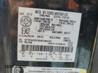2013 Ford F-150 XL with VIN 1FTFW1EF5DKD44333, listed as a Copart auction lot 56946465 with 160,554 mi miles and Salvage title. Bid and sale history available at DreamBid. Image 12.