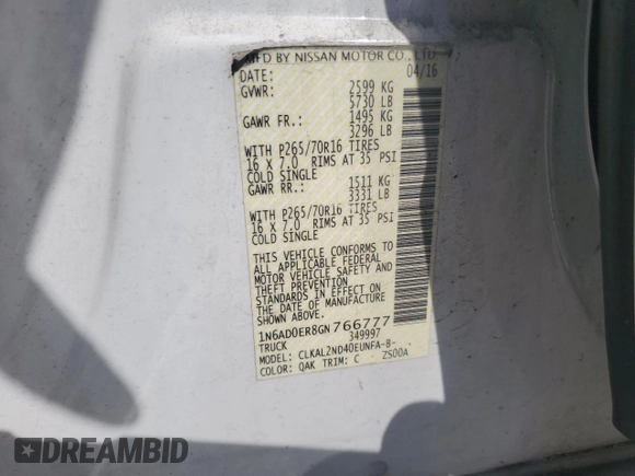 2016 Nissan Frontier Desert Runner with VIN 1N6AD0ER8GN766777, listed as a Copart auction lot 57900935 with 117,207 mi miles and Salvage title. Bid and sale history available at DreamBid. Image 12.