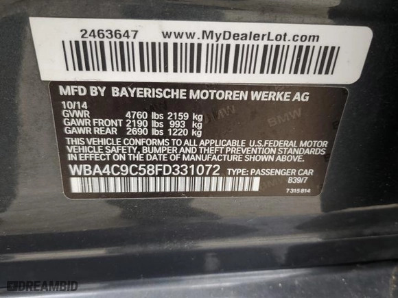 2015 BMW 4 Series 428i xDrive with VIN WBA4C9C58FD331072, listed as a Copart auction lot 53277515 with 203,251 mi miles and Clean Title. Bid and sale history available at carsss.com. Image 12.