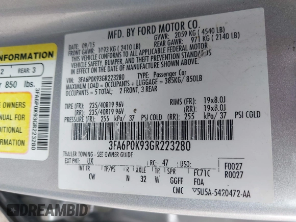 2016 Ford Fusion Titanium with VIN 3FA6P0K93GR223280, listed as a IAAI auction lot 42178478 with 189,239 mi miles and . Bid and sale history available at DreamBid. Image 9.