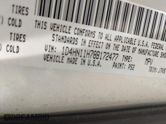 2008 Dodge Grand Caravan Cargo with VIN 1D4HN11H78B172477, listed as a IAAI auction lot 42209091 with 135,504 mi miles and . Bid and sale history available at DreamBid. Image 9.