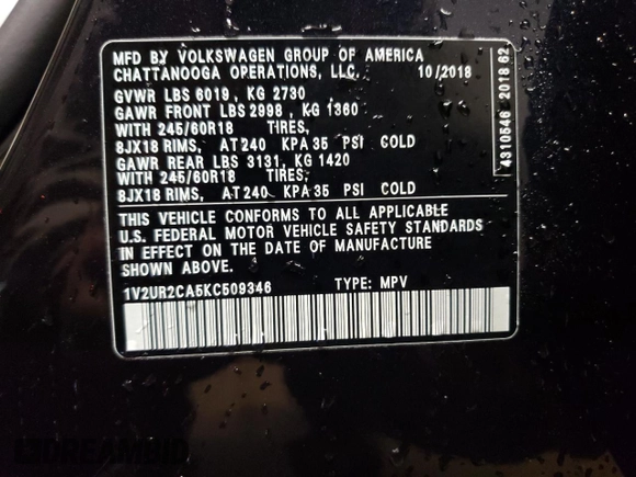 2019 Volkswagen Atlas SE z VIN 1V2UR2CA5KC509346, wystawiony jako Copart lot #47059215 z przebiegiem 54 556 mil mil oraz Szkoda całkowita • Salvage title. Historia ofert i sprzedaży dostępna na DreamBid. Obrazek 13.