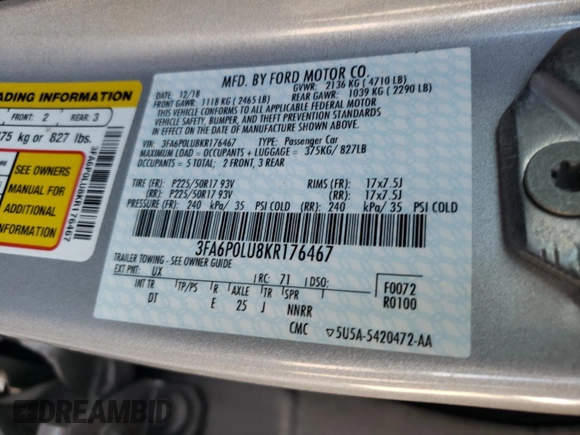 2019 Ford Fusion Hybrid SE with VIN 3FA6P0LU8KR176467, listed as a Copart auction lot 59426572 with 110,240 mi miles. Bid and sale history available at carsss.com. Image 10.