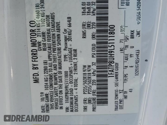 2020 Ford Mustang EcoBoost z VIN 1FATP8UH9L5111800, wystawiony jako Copart lot #59817955 z przebiegiem 79 304 mil mil oraz Czysty tytuł • Clean title. Historia ofert i sprzedaży dostępna na DreamBid. Obrazek 12.