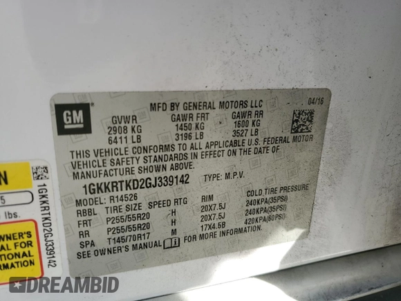 2016 GMC Acadia Denali with VIN 1GKKRTKD2GJ339142, listed as a Copart auction lot 82953324 with 127,339 mi miles and Salvage Title. Bid and sale history available at carsss.com. Image 15.