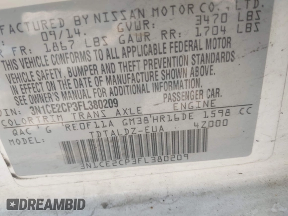 2015 Nissan Note SV with VIN 3N1CE2CP3FL380209, listed as a IAAI auction lot 42105637 with 133,931 mi miles and . Bid and sale history available at DreamBid. Image 9.
