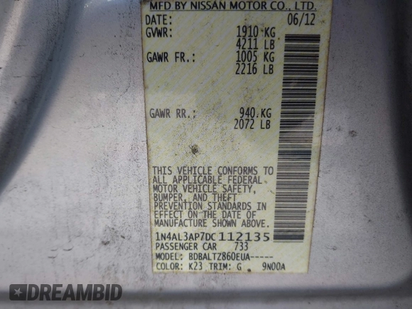 2013 Nissan Altima SV with VIN 1N4AL3AP7DC112135, listed as a IAAI auction lot 41720386 with 171,721 mi miles and . Bid and sale history available at carsss.com. Image 9.