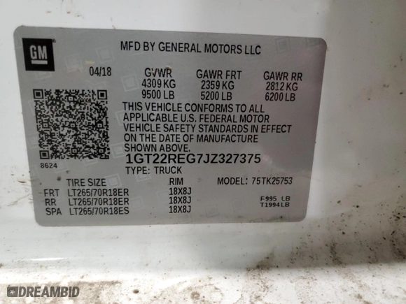 2018 GMC Sierra 2500HD with VIN 1GT22REG7JZ327375, listed as a Copart auction lot 49382585 with 129,420 mi miles and Salvage Title. Bid and sale history available at carsss.com. Image 13.
