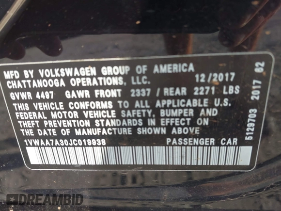 2018 Volkswagen Passat S with VIN 1VWAA7A30JC019938, listed as a IAAI auction lot 42380125 with 99,080 mi miles and . Bid and sale history available at DreamBid. Image 9.
