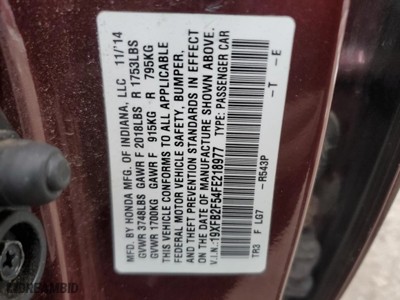 2015 Honda Civic Sedan LX with VIN 19XFB2F54FE218977, listed as a Copart auction lot 89195335 with 184,568 mi miles and Clean Title. Bid and sale history available at carsss.com. Image 12.