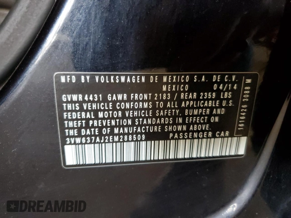 2014 Volkswagen Jetta Hybrid SE z VIN 3VW637AJ2EM288509, wystawiony jako Copart lot #61716065 z przebiegiem 116 461 mil mil oraz Czysty tytuł • Clean title. Historia ofert i sprzedaży dostępna na DreamBid. Obrazek 12.
