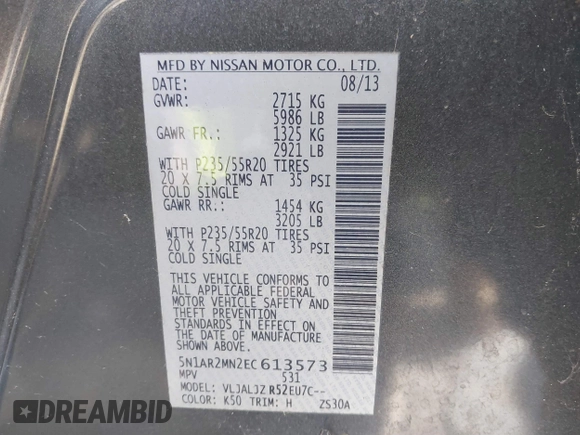 2014 Nissan Pathfinder SL with VIN 5N1AR2MN2EC613573, listed as a IAAI auction lot 41559855 with 195,471 mi miles and . Bid and sale history available at DreamBid. Image 9.
