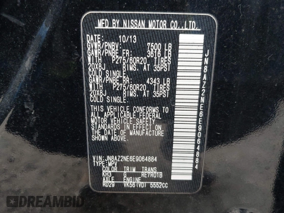 2014 Infiniti QX80 z VIN JN8AZ2NE6E9064884, wystawiony jako IAAI lot #41776998 z przebiegiem 141 989 mil mil oraz . Historia ofert i sprzedaży dostępna na DreamBid. Obrazek 9.
