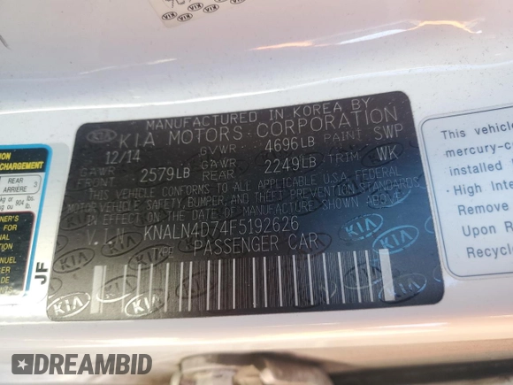 2015 Kia Cadenza Premium with VIN KNALN4D74F5192626, listed as a Copart auction lot 44785085 with 82,313 mi miles and Salvage Title. Bid and sale history available at carsss.com. Image 12.