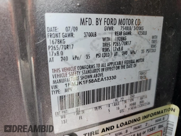 2010 Ford Expedition Max SSV with VIN 1FMJK1F58AEA13330, listed as a Copart auction lot 62523655 with 252,598 mi miles and Salvage title. Bid and sale history available at DreamBid. Image 13.