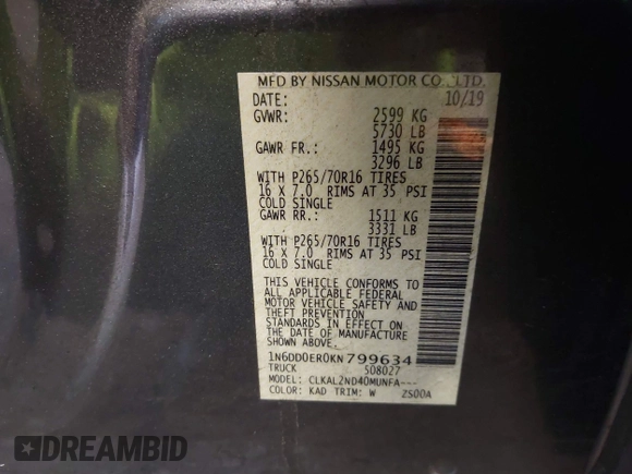 2019 Nissan Frontier SV with VIN 1N6DD0ER0KN799634, listed as a IAAI auction lot 41972255 with 60,483 mi miles and . Bid and sale history available at DreamBid. Image 9.