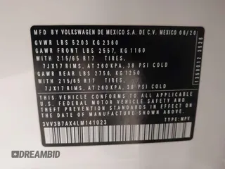 2020 Volkswagen Tiguan SE with VIN 3VV3B7AX4LM141023, listed as a IAAI auction lot 41521923 with 69,479 mi miles and . Bid and sale history available at DreamBid. Image 9.