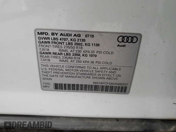 2016 Audi Q3 Premium Plus z VIN WA1BFCFS9GR005327, wystawiony jako Copart lot #50389585 z przebiegiem 105 616 mil mil oraz Szkoda całkowita • Salvage title. Historia ofert i sprzedaży dostępna na DreamBid. Obrazek 13.