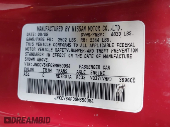 2009 Infiniti G37 x with VIN JNKCV64F09M650094, listed as a IAAI auction lot 41882647 with 83,840 mi miles and . Bid and sale history available at DreamBid. Image 9.