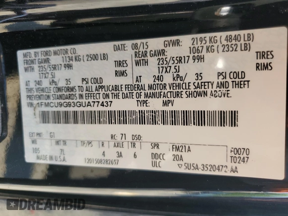 2016 Ford Escape SE with VIN 1FMCU9G93GUA77437, listed as a Copart auction lot 51807905 with 128,261 mi miles and Salvage Title. Bid and sale history available at DreamBid. Image 14.