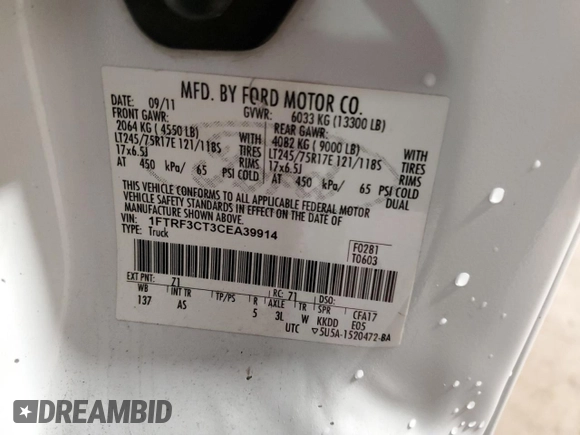 2012 Ford F-350 with VIN 1FTRF3CT3CEA39914, listed as a Copart auction lot 49775185 with 221,099 mi miles and Salvage title. Bid and sale history available at DreamBid. Image 13.