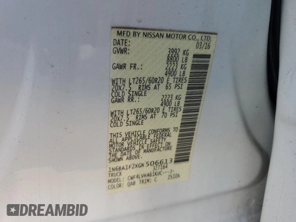 2016 Nissan Titan Platinum Reserve z VIN 1N6BA1F2XGN506613, wystawiony jako Copart lot #52592585 z przebiegiem 133 408 mil mil oraz Czysty tytuł • Clean title. Historia ofert i sprzedaży dostępna na DreamBid. Obrazek 12.