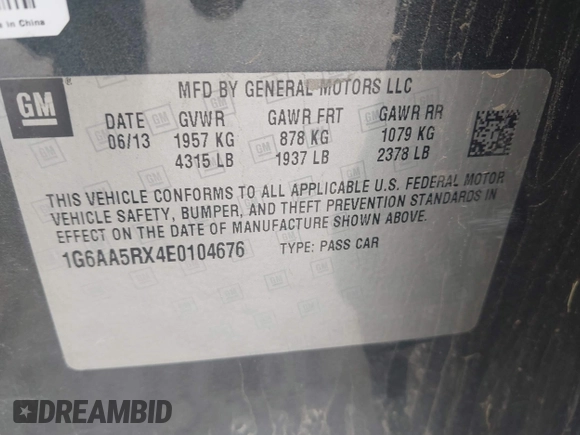 2014 Cadillac ATS Standard RWD with VIN 1G6AA5RX4E0104676, listed as a IAAI auction lot 41934130 with 168,178 mi miles and . Bid and sale history available at carsss.com. Image 9.