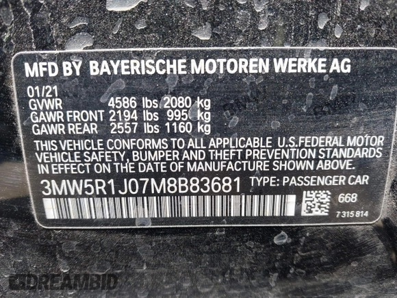 2021 BMW 3 Series 330i with VIN 3MW5R1J07M8B83681, listed as a IAAI auction lot 42238824 with 57,250 mi miles and . Bid and sale history available at DreamBid. Image 9.