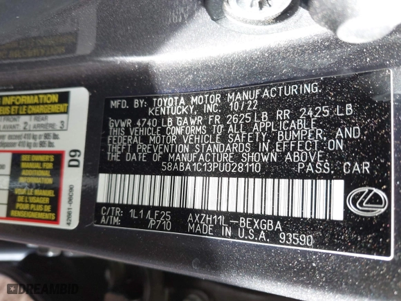 2023 Lexus ES with VIN 58ABA1C13PU028110, listed as a IAAI auction lot 41691624 with 28,108 mi miles. Bid and sale history available at carsss.com. Image 9.