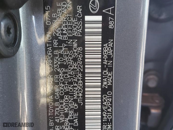 2015 Lexus CT 200h Hybrid with VIN JTHKD5BH9F2249678, listed as a Copart auction lot 43129485 with 109098 miles and Salvage Title. Bid and sale history available at carsss.com. Image 13.