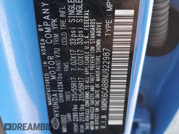 2022 Hyundai Kona SEL with VIN KM8K6CAB8NU922987, listed as a Copart auction lot 43413165 with 44,362 mi miles and Salvage Title. Bid and sale history available at DreamBid. Image 15.
