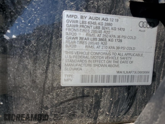 2020 Audi Q7 Premium Plus with VIN WA1LXAF73LD003064, listed as a Copart auction lot 52695705 with 90,564 mi miles and Clean Title. Bid and sale history available at carsss.com. Image 12.