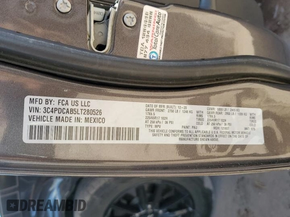 2020 Dodge Journey SE Value with VIN 3C4PDCAB5LT280526, listed as a Copart auction lot 53142825 with 65,198 mi miles and Salvage Title. Bid and sale history available at DreamBid. Image 15.