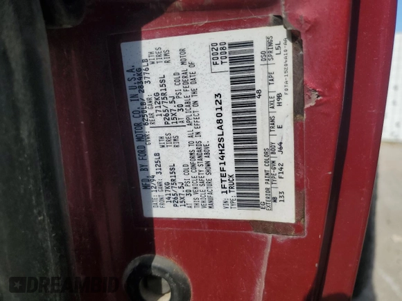 1995 Ford F-150 with VIN 1FTEF14H2SLA80123, listed as a Copart auction lot 72199724 with 0 mi miles and Salvage Title. Bid and sale history available at carsss.com. Image 12.