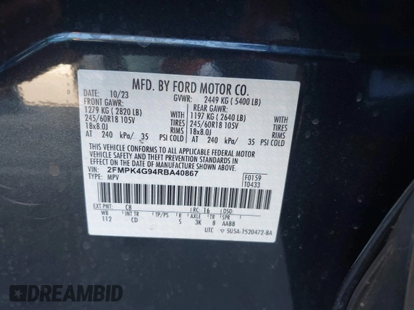 2024 Ford Edge SE with VIN 2FMPK4G94RBA40867, listed as a IAAI auction lot 42542020 with 13,190 mi miles and . Bid and sale history available at DreamBid. Image 9.