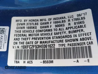 2017 Honda Civic LX with VIN 19XFC2F53HE061622, listed as a IAAI auction lot 42096381 with 86,492 mi miles and . Bid and sale history available at DreamBid. Image 9.