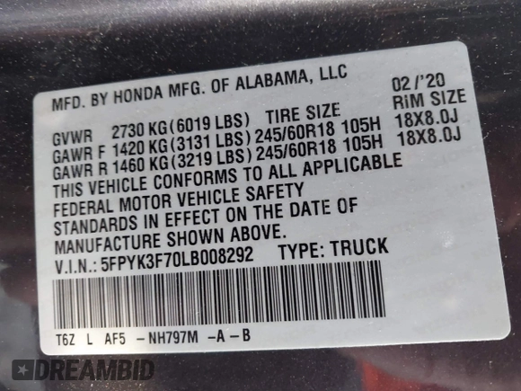 2020 Honda Ridgeline RTL-E with VIN 5FPYK3F70LB008292, listed as a IAAI auction lot 41357744 with 81,961 mi miles and . Bid and sale history available at DreamBid. Image 9.