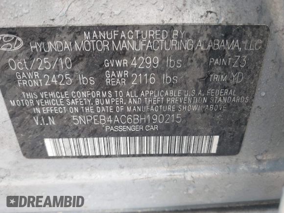 2011 Hyundai Sonata GLS with VIN 5NPEB4AC6BH190215, listed as a IAAI auction lot 41918753 with 91,814 mi miles and . Bid and sale history available at carsss.com. Image 9.