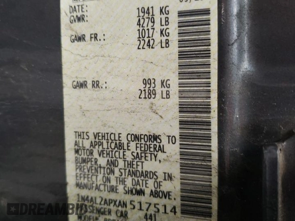 2010 Nissan Altima 2.5 SL with VIN 1N4AL2APXAN517514, listed as a Copart auction lot 51942915 with 175,364 mi miles and Salvage Title. Bid and sale history available at carsss.com. Image 14.