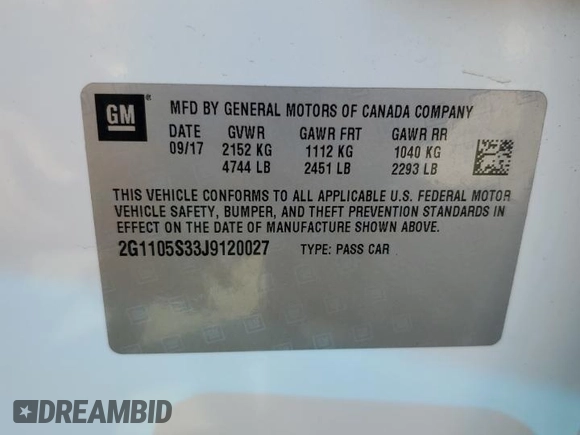 2018 Chevrolet Impala LT with VIN 2G1105S33J9120027, listed as a Copart auction lot 54305185 with 146,363 mi miles and Clean Title. Bid and sale history available at DreamBid. Image 12.