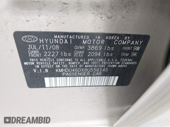 2008 Hyundai Elantra GLS with VIN KMHDU46DX8U556145, listed as a IAAI auction lot 42161188 with 180,322 mi miles and . Bid and sale history available at DreamBid. Image 9.
