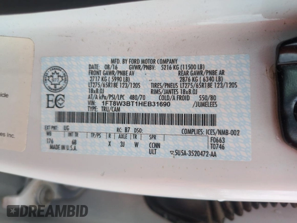 2017 Ford F-350 Platinum with VIN 1FT8W3BT1HEB31690, listed as a Copart auction lot 58369795 with 115,704 mi miles and Salvage title. Bid and sale history available at DreamBid. Image 12.