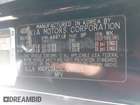 2012 Kia Sportage EX with VIN KNDPC3A25C7245525, listed as a IAAI auction lot 42463238 with 198,938 mi miles and . Bid and sale history available at DreamBid. Image 9.