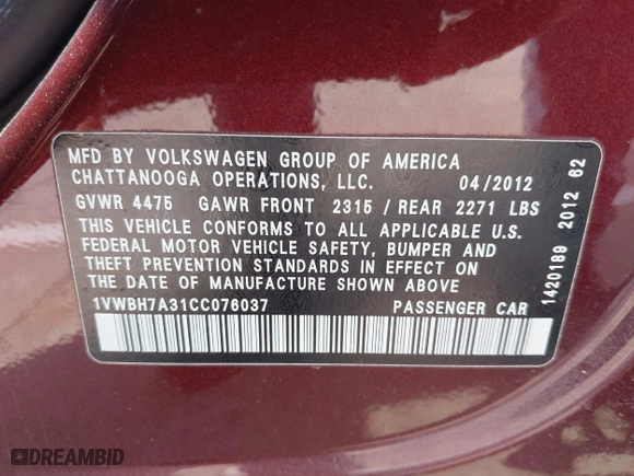 2012 Volkswagen Passat SE w/Sunroof with VIN 1VWBH7A31CC076037, listed as a IAAI auction lot 41905200 with 141,809 mi miles. Bid and sale history available at carsss.com. Image 9.