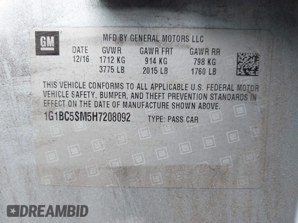 2017 Chevrolet Cruze LS with VIN 1G1BC5SM5H7208092, listed as a IAAI auction lot 42188878 with 101,624 mi miles and . Bid and sale history available at DreamBid. Image 9.