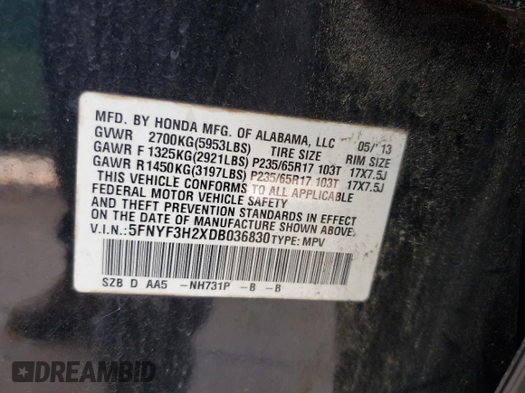 2013 Honda Pilot LX with VIN 5FNYF3H2XDB036830, listed as a Copart auction lot 61823195 with 243,817 mi miles and Clean title. Bid and sale history available at DreamBid. Image 12.